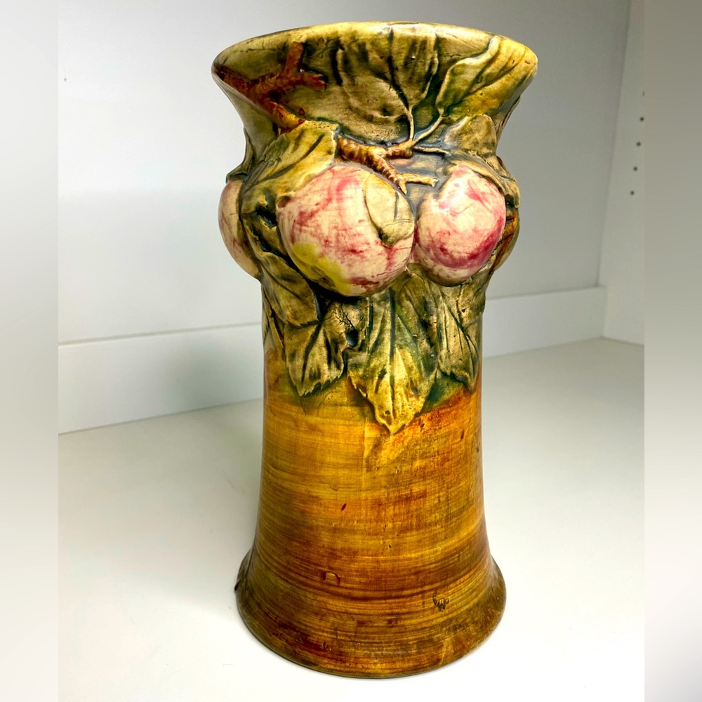 Vtg Large Weller Pottery Vase Flemish Baldin Apple Pattern Ceramics Porcelain